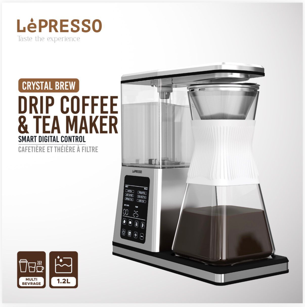 LePresso Crystal Brew 1.2 L Drip Coffee & Tea Maker – 1400 W Smart Digital Control, Stainless Steel – Price In Oman