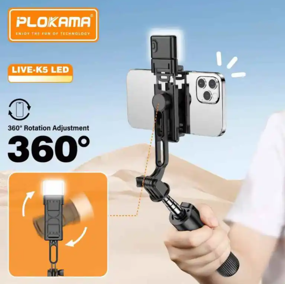 Plokama Live K5 Selfie Stick Tripod + Built-in LED Light & Bluetooth Remote – Foldable 3-in-1 Vlogging Stick - Price In Oman