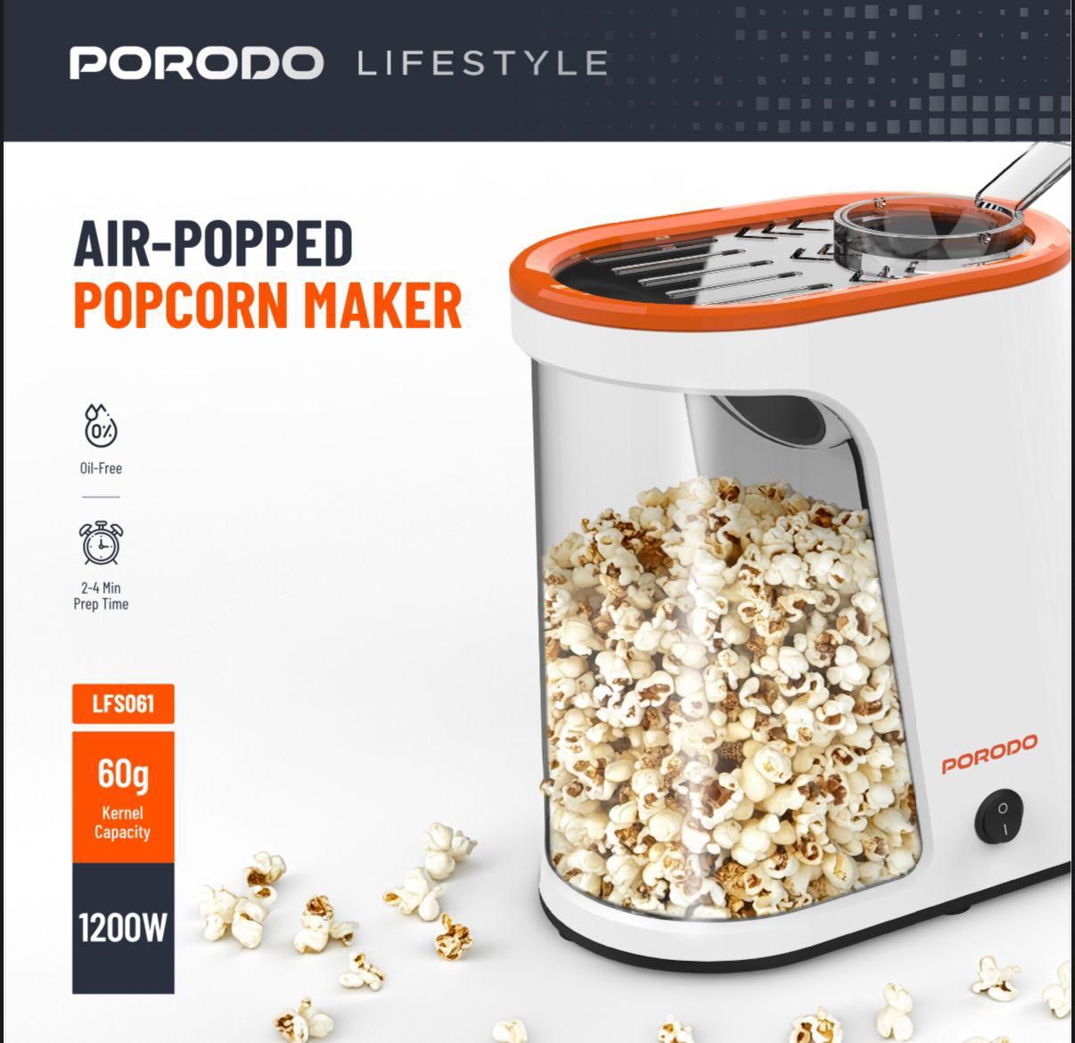 Porodo Lifestyle 1200W Air-Popped Popcorn Maker – Oil-Free, Quick 2-4 Min Prep, 60g Capacity, Price In Oman