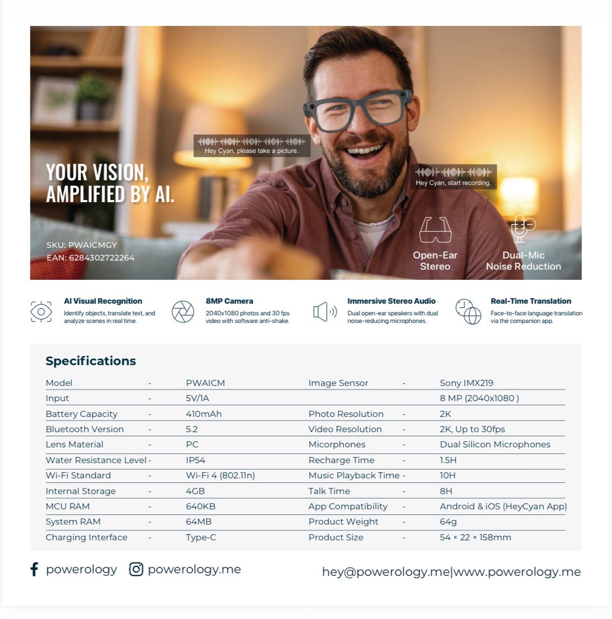 Powerology Paganspo AI Camera Smart Glasses – 8MP Dual-Mic Smart Eyewear with Translation & Open-Ear Audio (Price In Oman)