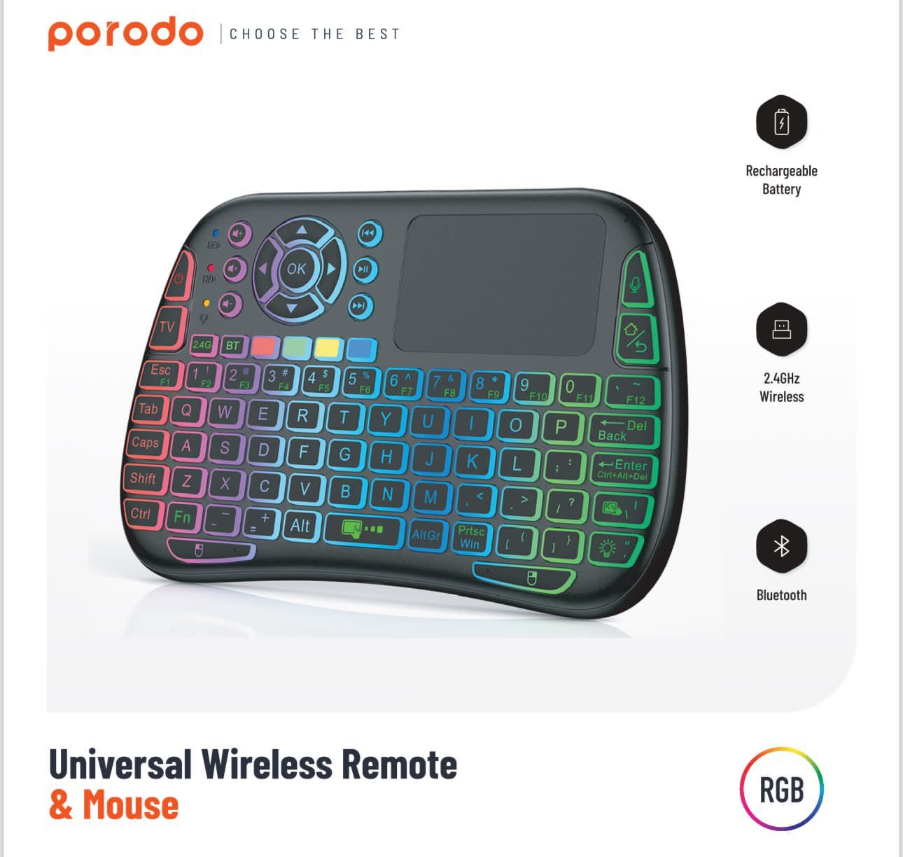 Porodo PD-MWKTC Mini Universal Wireless Keyboard + Touchpad (RGB Backlight, 2.4GHz & Bluetooth) Price In Oman