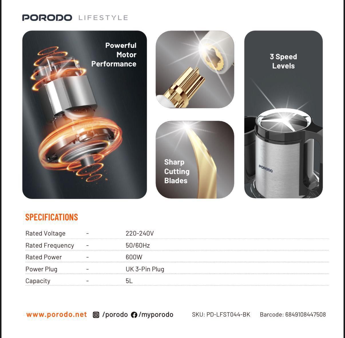 Porodo Lifestyle 5L Meat Chopper Food Processor – 600W Power, 3-Speed Settings, Sharp Blades, Price In Oman