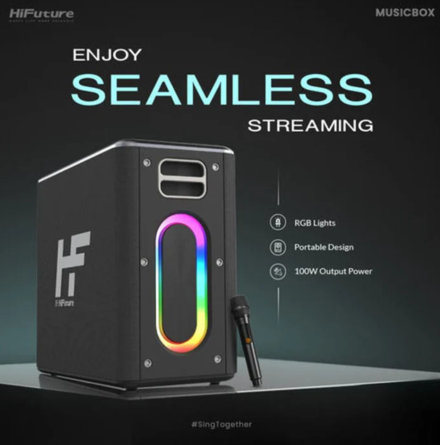 HiFuture MusicBox HF.HBB8 – 100W Wireless Karaoke Speaker with Dual Wireless Microphones, RGB Lights (Price In Oman)