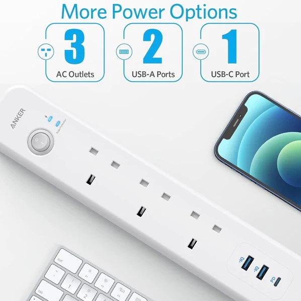 Anker PowerExtend USB-C 3 Strip White – 30W Fast Charging Power Strip with 3 AC Outlets & 3 USB Ports (2 USB-A, 1 USB-C) – 2m Cable, Surge Protection, Price In Oman