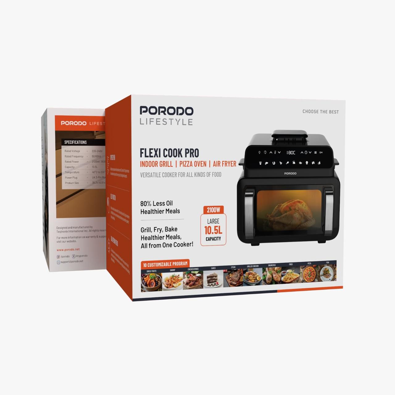 Porodo Flexi Cook Pro 10.5L Multi-Function Indoor Grill, Pizza Oven & Air Fryer – 2100 W (Price In Oman)