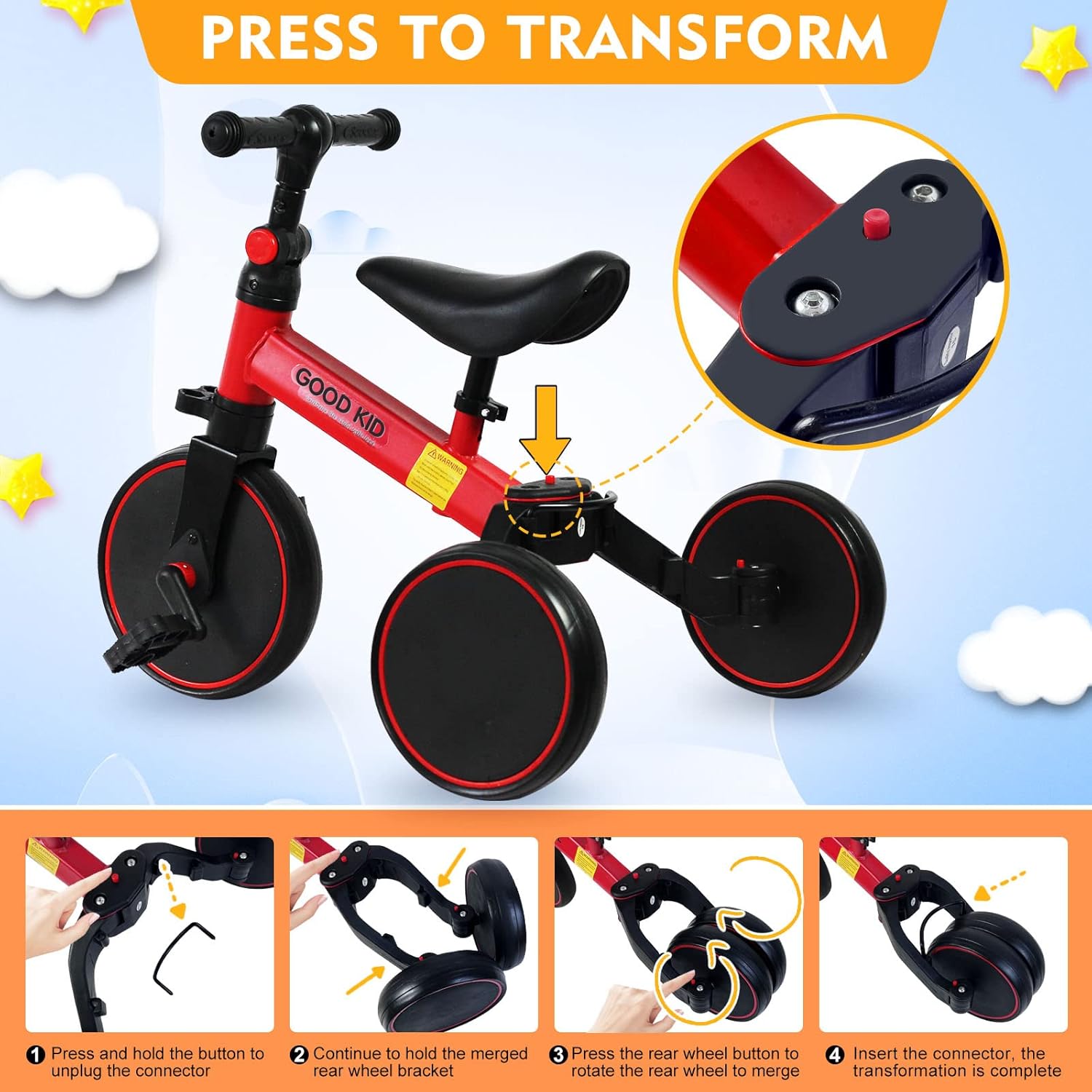 Good Kids Tricycle for Toddlers – Adjustable Steel‑Frame Trike with Parent Push Handle & Storage (Price In Oman)