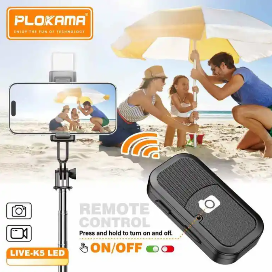 Plokama Live K5 Selfie Stick Tripod + Built-in LED Light & Bluetooth Remote – Foldable 3-in-1 Vlogging Stick - Price In Oman