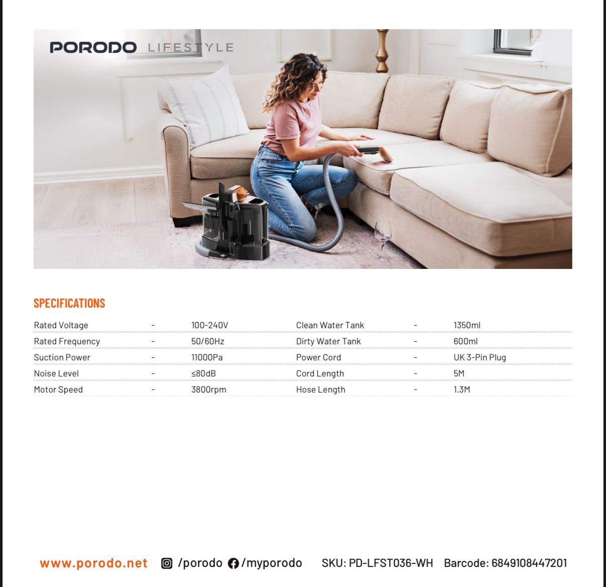 Porodo Lifestyle Sofa & Carpet Spot Cleaner – Portable Deep Cleaning Machine PD-LFST036-BK - Price In Oman