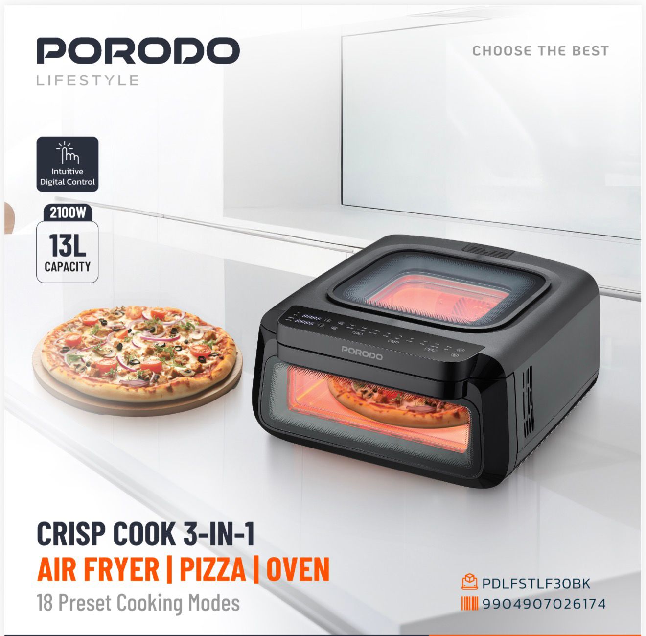 Porodo Lifestyle Crisp Cook 3-in-1 Air Fryer & Pizza Oven (13 L / 2100 W) – Model PDLFSTLF30BK Price In Oman