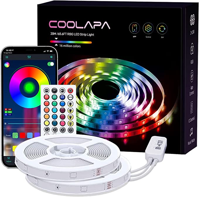 Coolapa 20m RGB LED Strip Light with Remote & App Control – Music Sync Lighting for Home Decor, Price in Oman