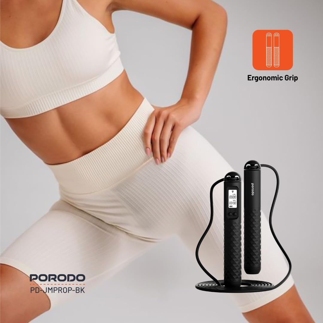 Porodo Lifestyle Smart Skipping Rope – PD-SMVJP-BK, Bluetooth Connectivity, Digital Display, Voice Broadcast, 3M Adjustable Length, Price In Oman