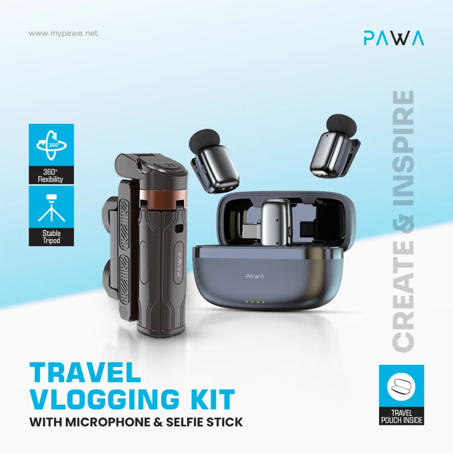 Pawa Travel Vlogging Kit + Dual Mix & Selfie Stick PW-SLST6015 – Selfie Tripod, Wireless Mic, 360° Rotation – Price In Oman