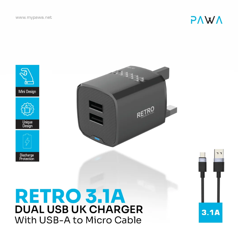 Pawa Retro 3.1A Dual USB + USB-A to Micro Cable (TCR31UKM) – Fast Charge Dual-Port Micro USB Cable (Price In Oman)