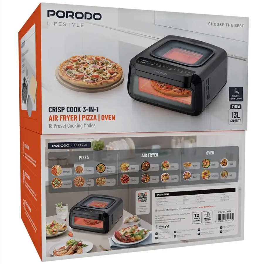 Porodo Lifestyle Crisp Cook 3-in-1 Air Fryer & Pizza Oven (13 L / 2100 W) – Model PDLFSTLF30BK Price In Oman
