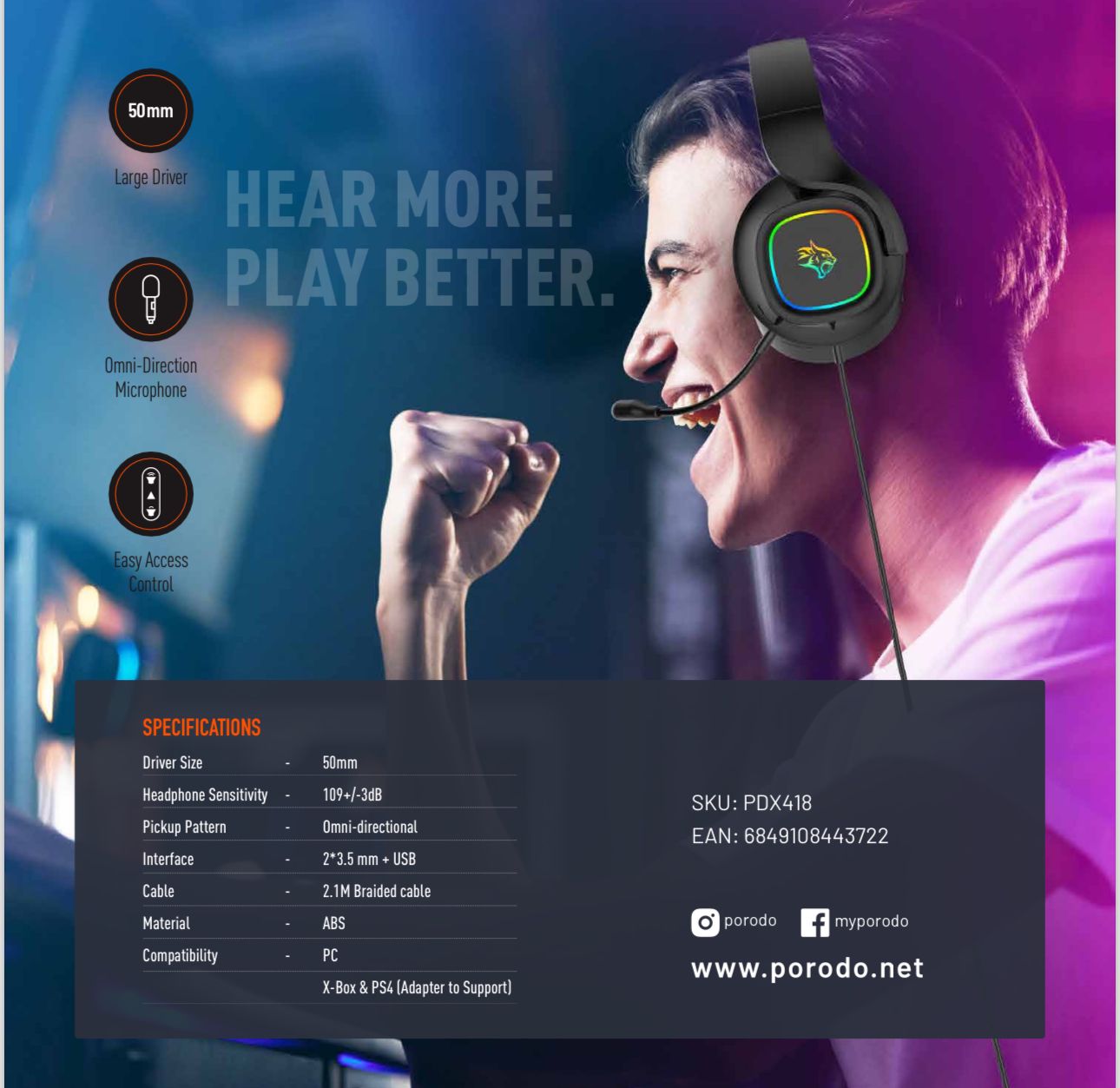 Porodo PDX418 RGB Gaming Headset – Wired Over-Ear Headphones with 50mm Drivers Best Price In Muscat Oman