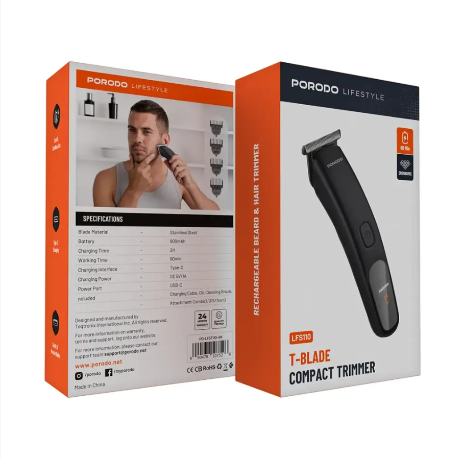 Porodo Lifestyle T-Blade Compact Trimmer LFST110 – 600 mAh USB-C Rechargeable - Price In Oman