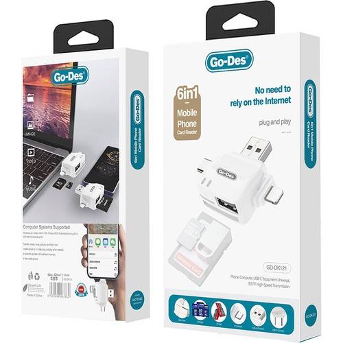 Godes GD-DK121 6-in-1 OTG Mobile Card Reader – USB-C, Lightning, Micro USB & USB 2.0 – Supports SD/TF Cards - Price In Oman