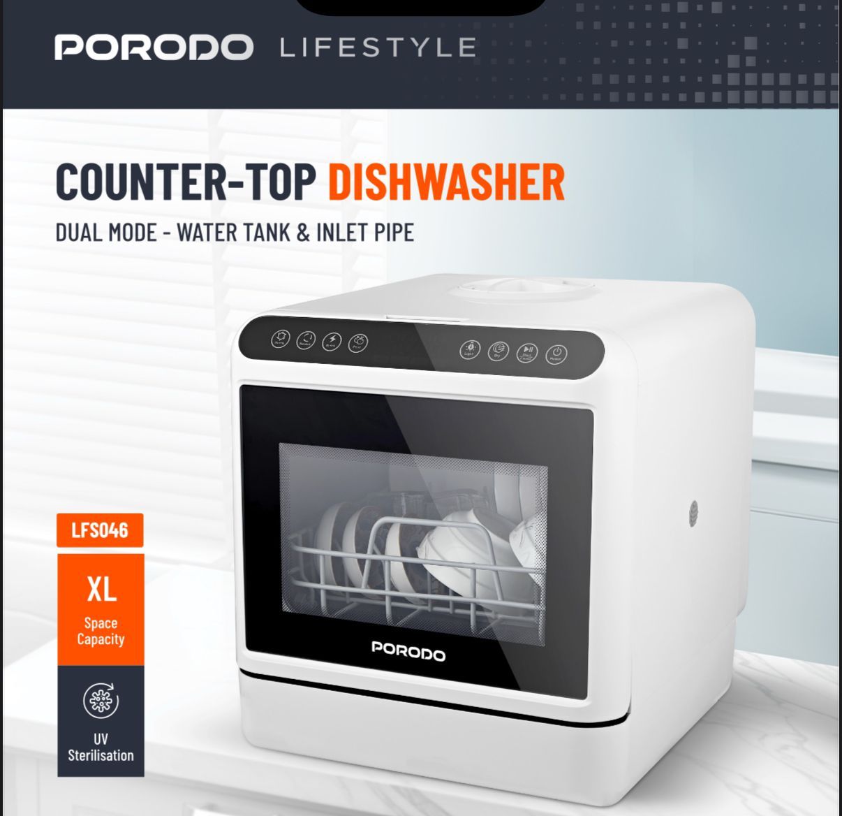 Porodo Lifestyle Counter-Top Dishwasher PD-LFST046-WH – Compact, Energy-Saving Dishwasher for Modern Kitchens, Price In Oman