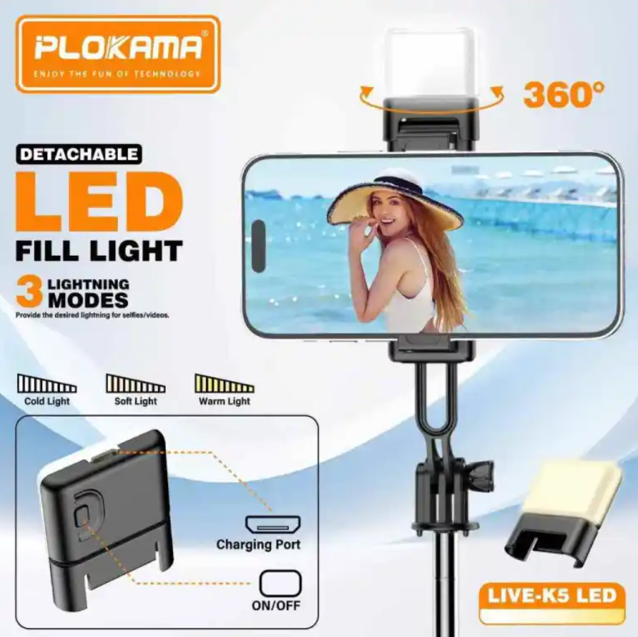 Plokama Live K5 Selfie Stick Tripod + Built-in LED Light & Bluetooth Remote – Foldable 3-in-1 Vlogging Stick - Price In Oman