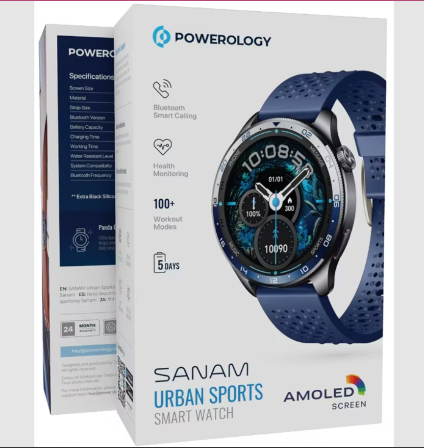 Powerology Sanam Urban Sports Smart Watch PSWBT290BL – 1.43″ AMOLED, IP68, 100+ Workouts - PriceIn Oman