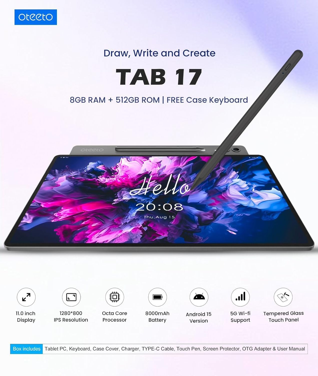 Oteeto Tab 17 Stylus – 11″ Incell Display Tablet, 8 GB RAM, 512 GB ROM, 8000 mAh, Stylus & Wireless Keyboard Included - Price In Oman