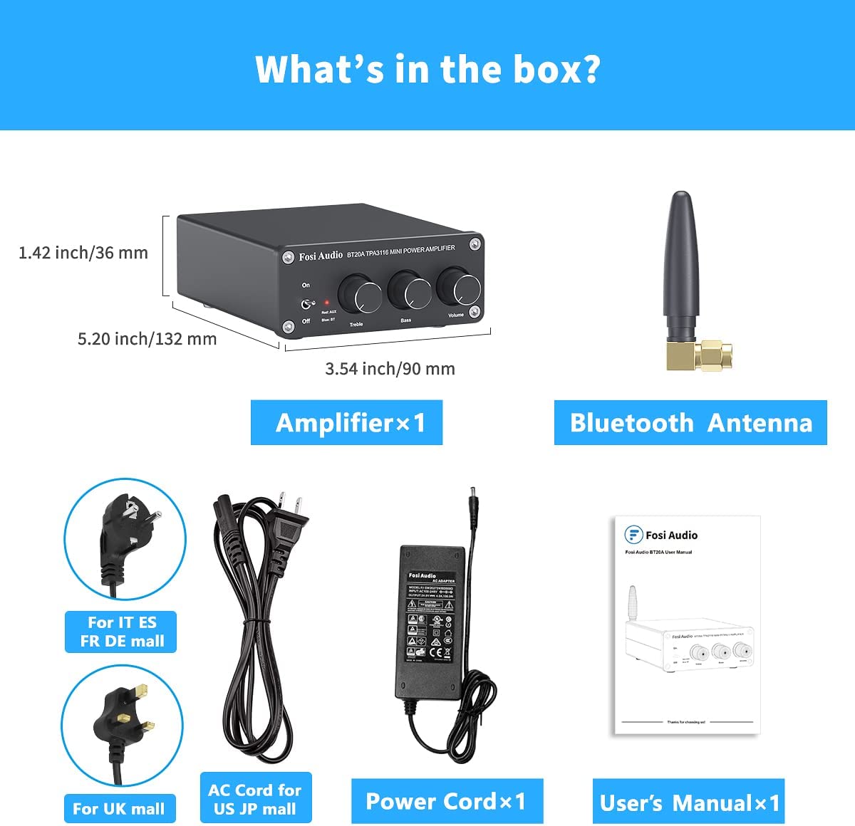 Fosi Audio BT20A Bluetooth 5.0 Hi-Fi Stereo Amplifier – 2-Channel Class D Mini Power Amp (100W x2) with Bass & Treble Control - Price In Oman