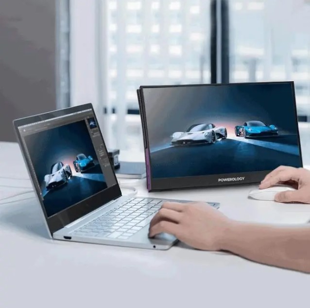 Powerology Ultra Slim 15.6" Full HD Portable Monitor with Dual Speakers (PPMN156BK) – USB-C & HDMI Connectivity - Price In Oman