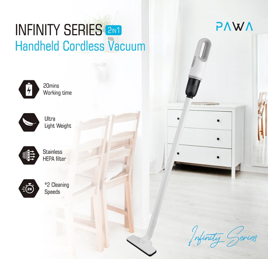Pawa Infinity Series 2-in-1 Handheld Cordless Vacuum Cleaner (PW-ISVC123D-WH) – 5500Pa, HEPA Filter, 2000mAh, up to 20-min Runtime - Price In Oman