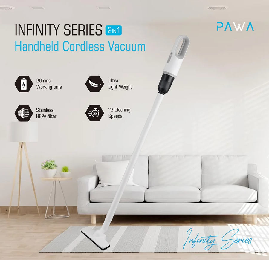 Pawa Infinity Series 2-in-1 Handheld Cordless Vacuum Cleaner (PW-ISVC123D-WH) – 5500Pa, HEPA Filter, 2000mAh, up to 20-min Runtime - Price In Oman