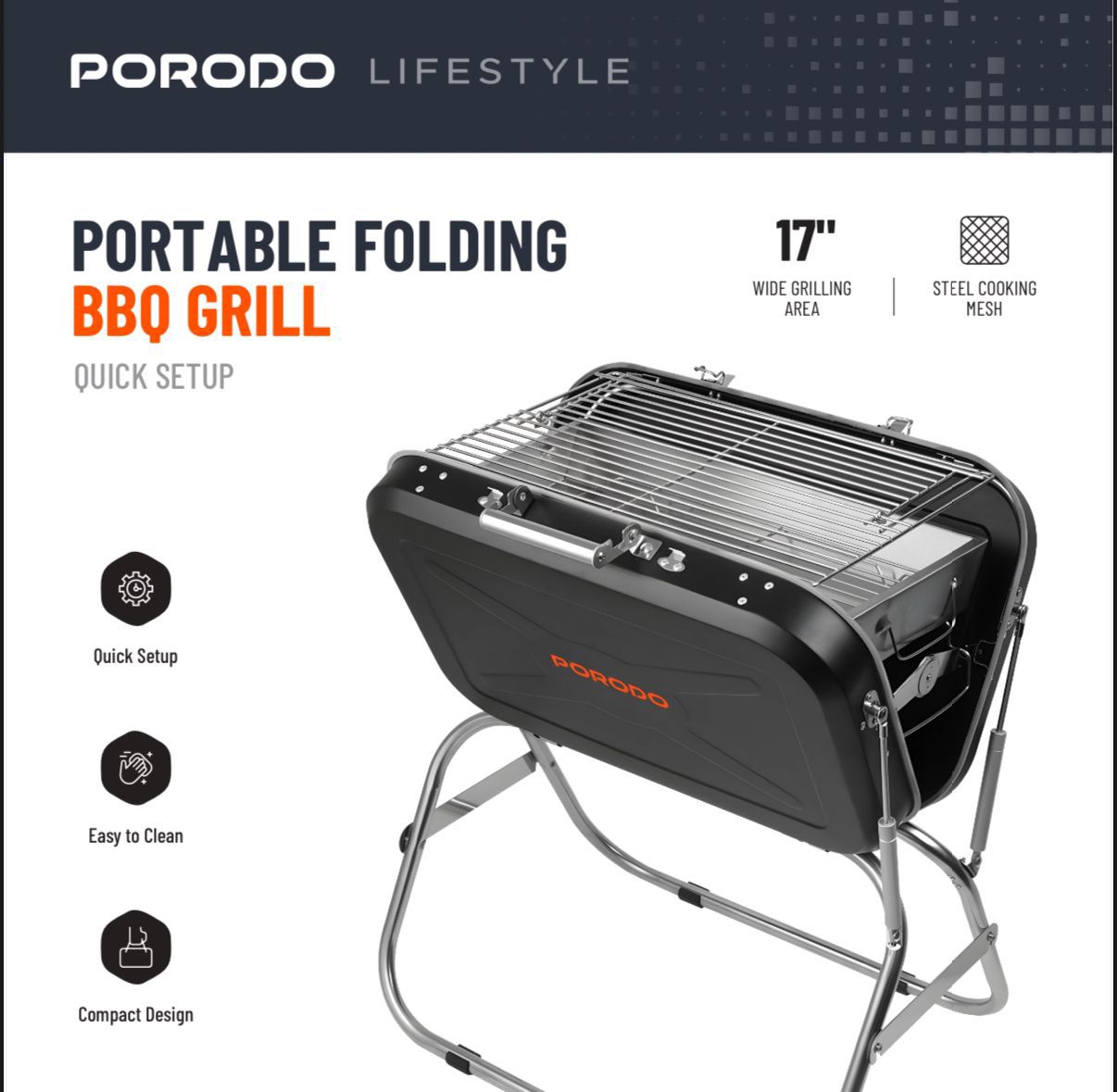 Porodo Lifestyle Foldable BBQ Grill – 17-Inch Grilling Area, Portable Charcoal Grill, Quick Setup, Price In Oman