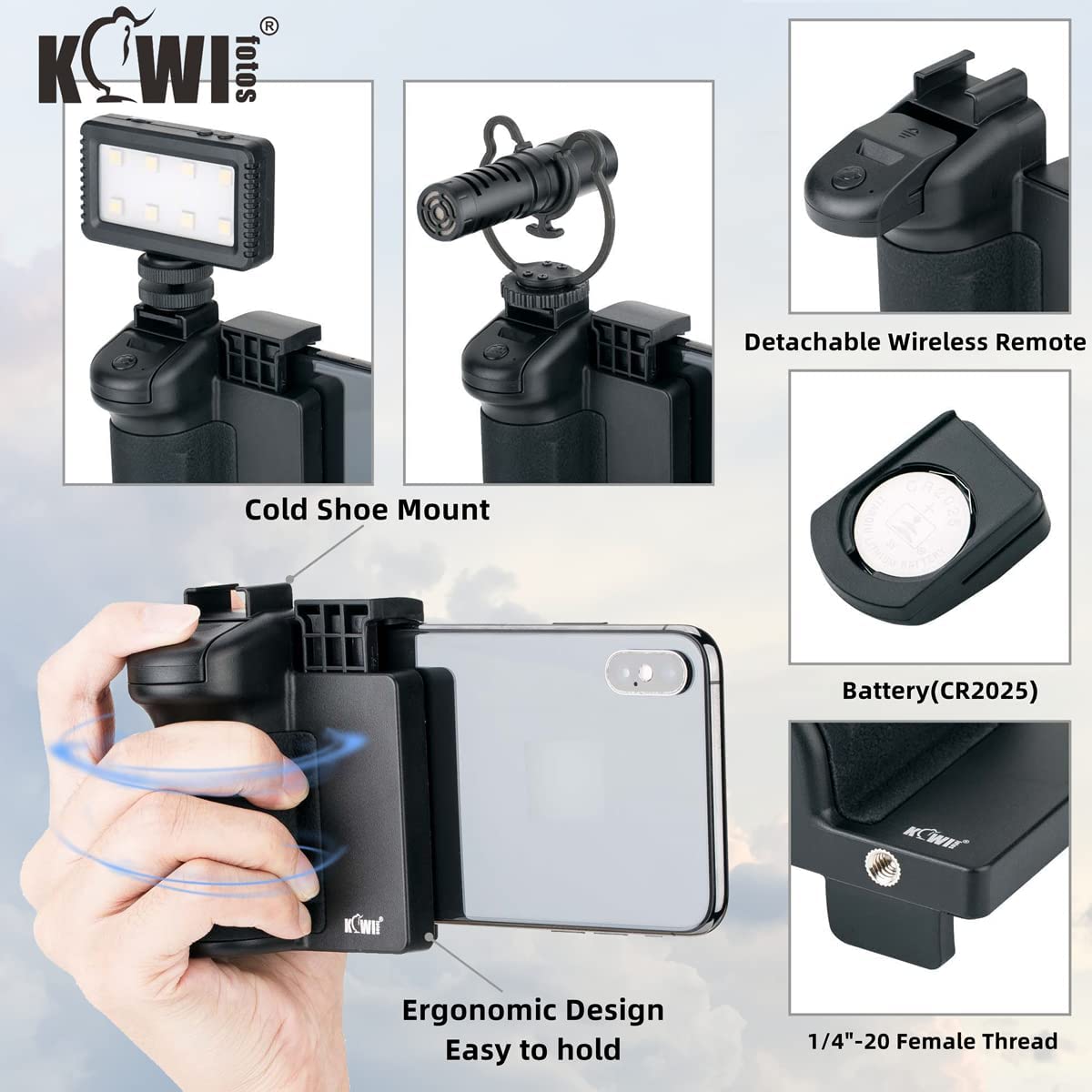 KIWi Wireless Remote Phone Grip – Ergonomic Smartphone Holder with Detachable Bluetooth Shutter, Cold Shoe Mount, and Tripod Compatibility