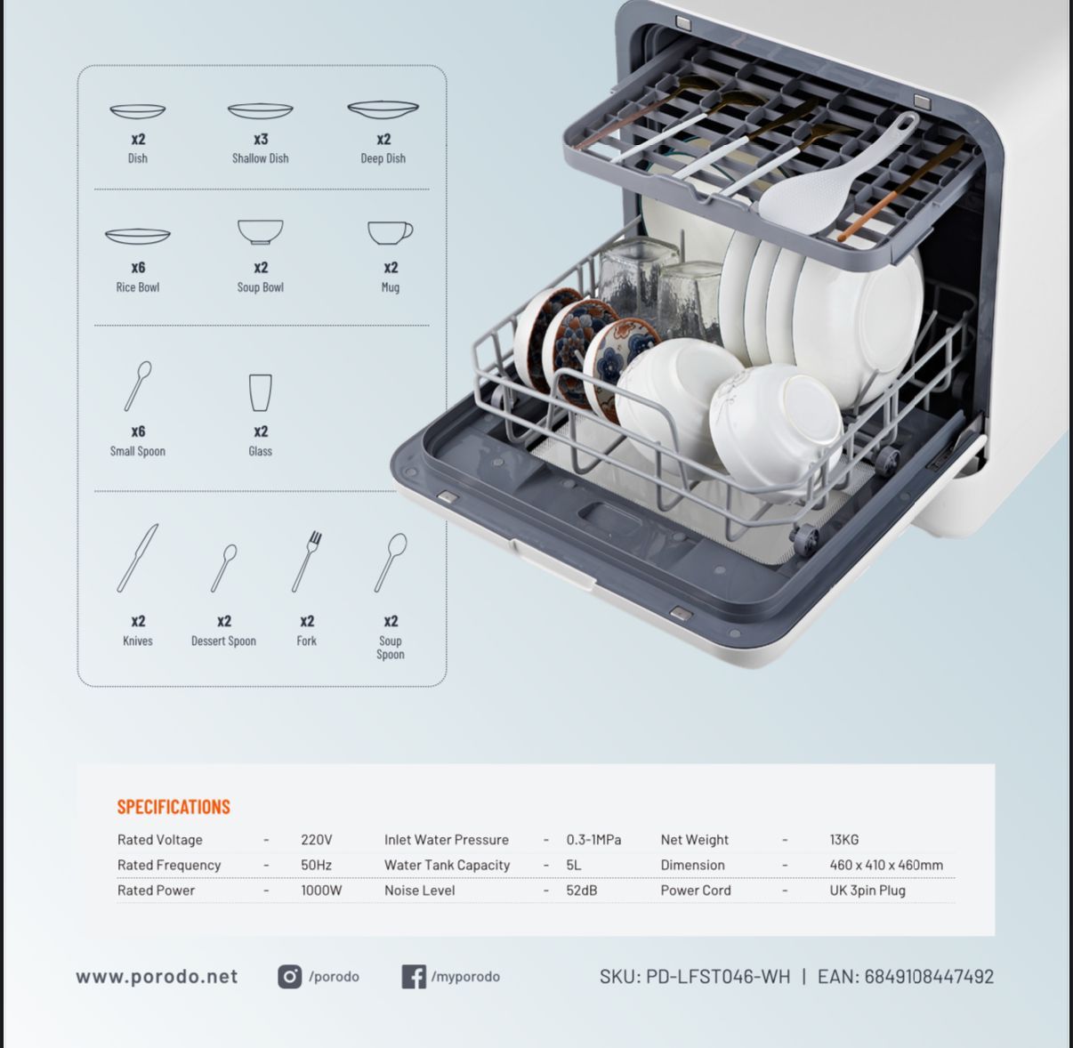 Porodo Lifestyle Counter-Top Dishwasher PD-LFST046-WH – Compact, Energy-Saving Dishwasher for Modern Kitchens, Price In Oman