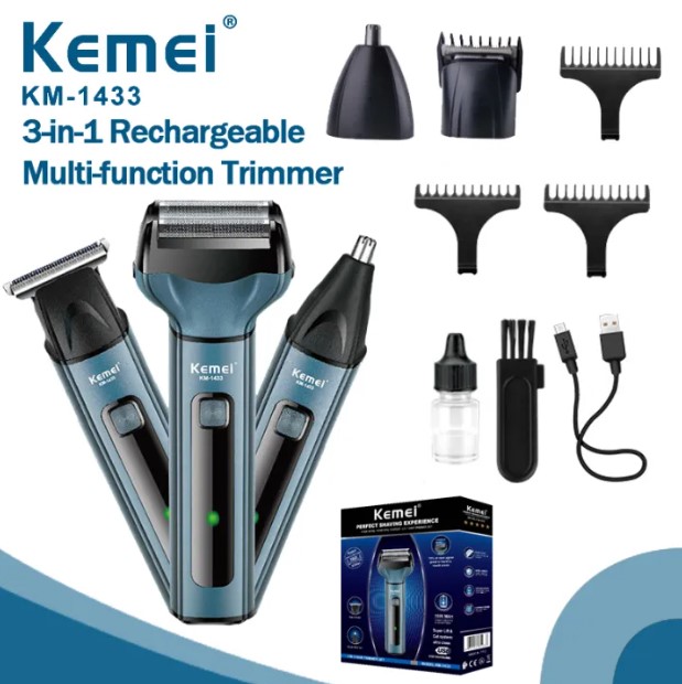 Kemei KM-1433 3-in-1 Electric Trimmer for Men – Beard, Nose & Body Grooming Kit - Price In Oman Muscat
