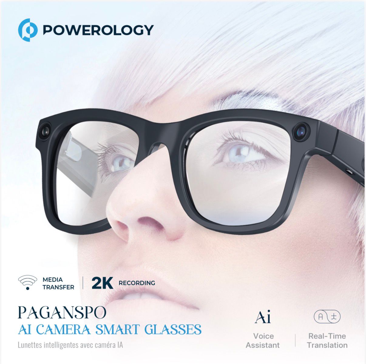 Powerology Paganspo AI Camera Smart Glasses – 8MP Dual-Mic Smart Eyewear with Translation & Open-Ear Audio (Price In Oman)
