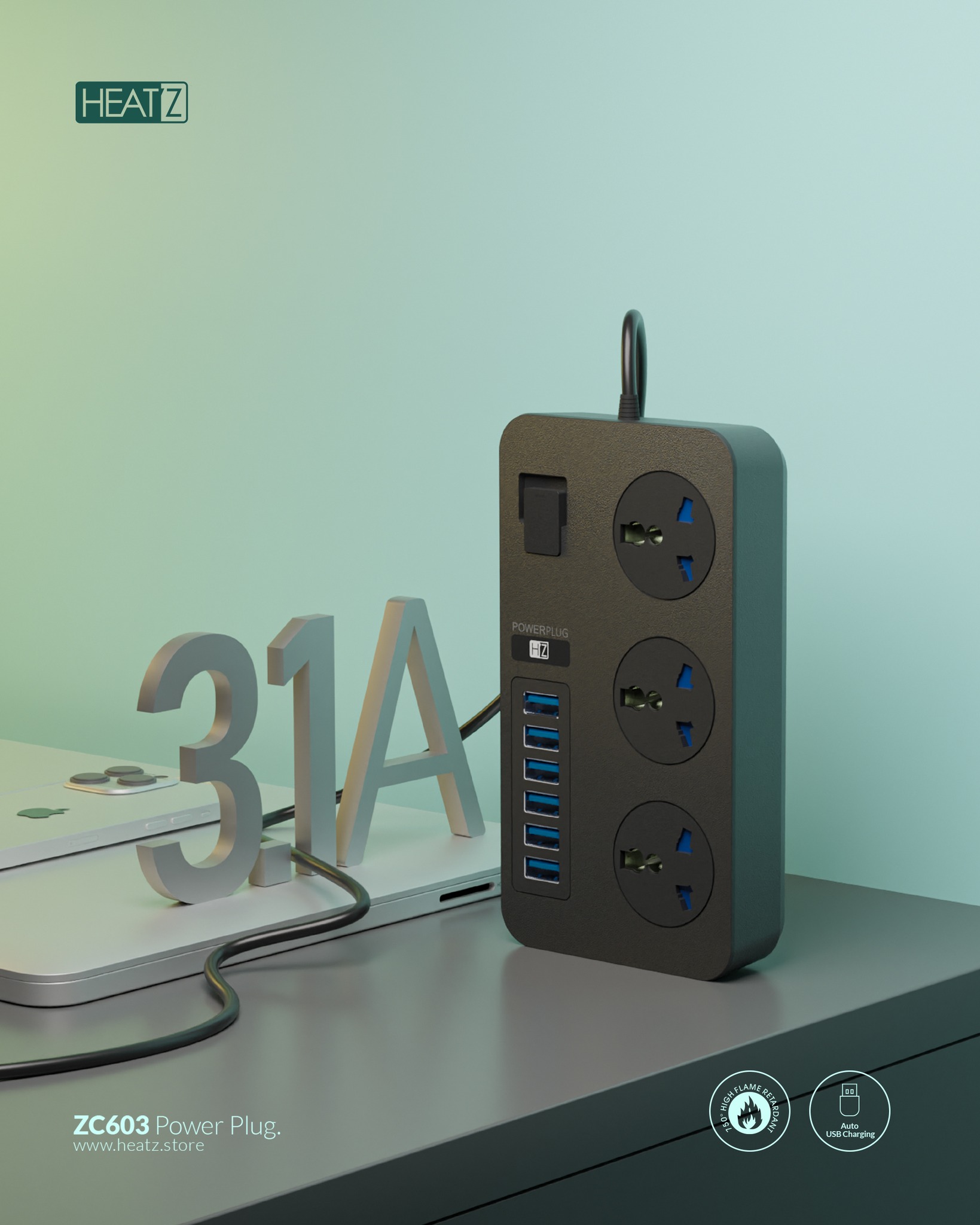 HEATZ / HZ ZC603 Power Plug Extension - 3-Socket + 6 USB Fast-Charging Power Strip, 3000W, 2m Cable & Surge Protection - Price In Oman