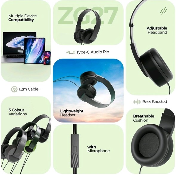 Heatz ZG27 Type-C Wired Headphones – Extra Bass, HD Sound, and Comfortable Fit, Price In Oman