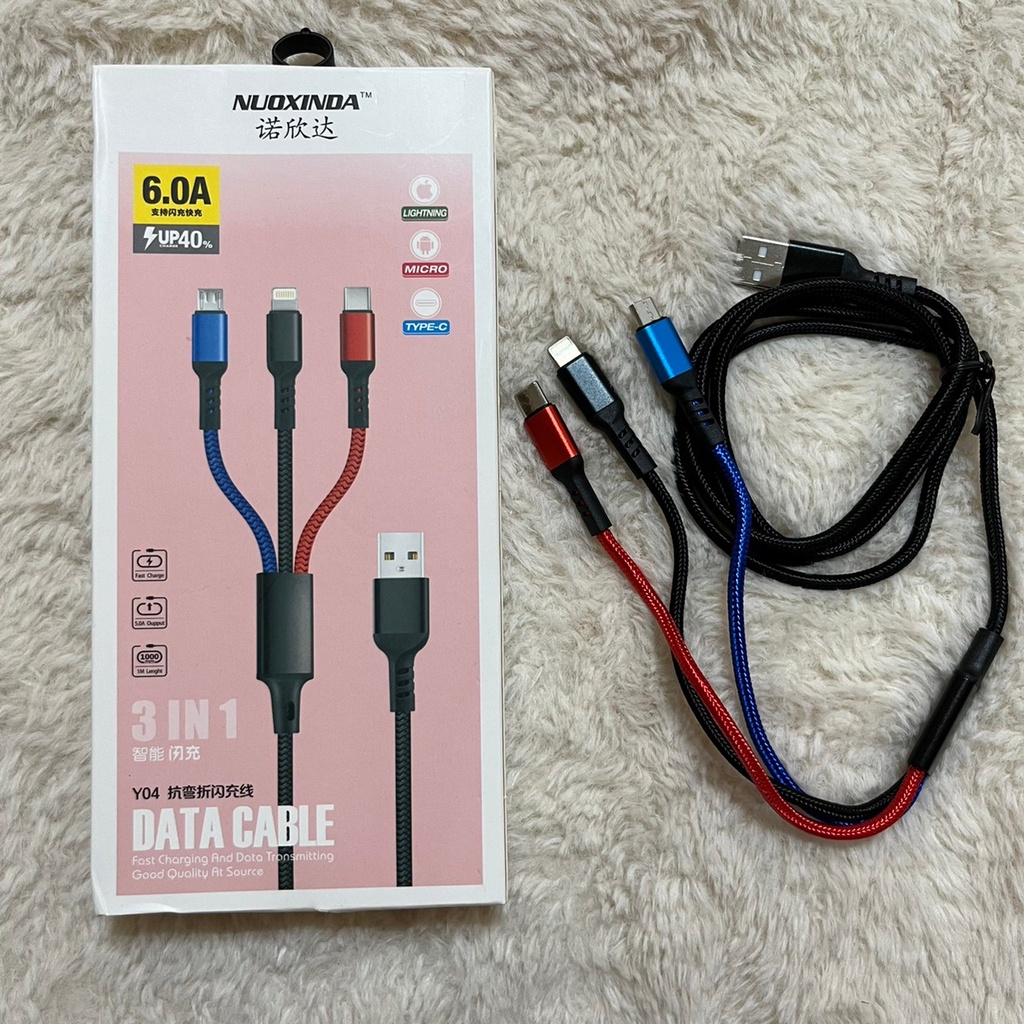 Nuoxinda Y04 3‑in‑1 Braided Data Cable – USB‑C, Lightning & Micro‑USB – Fast Charge & Sync – Price In Oman