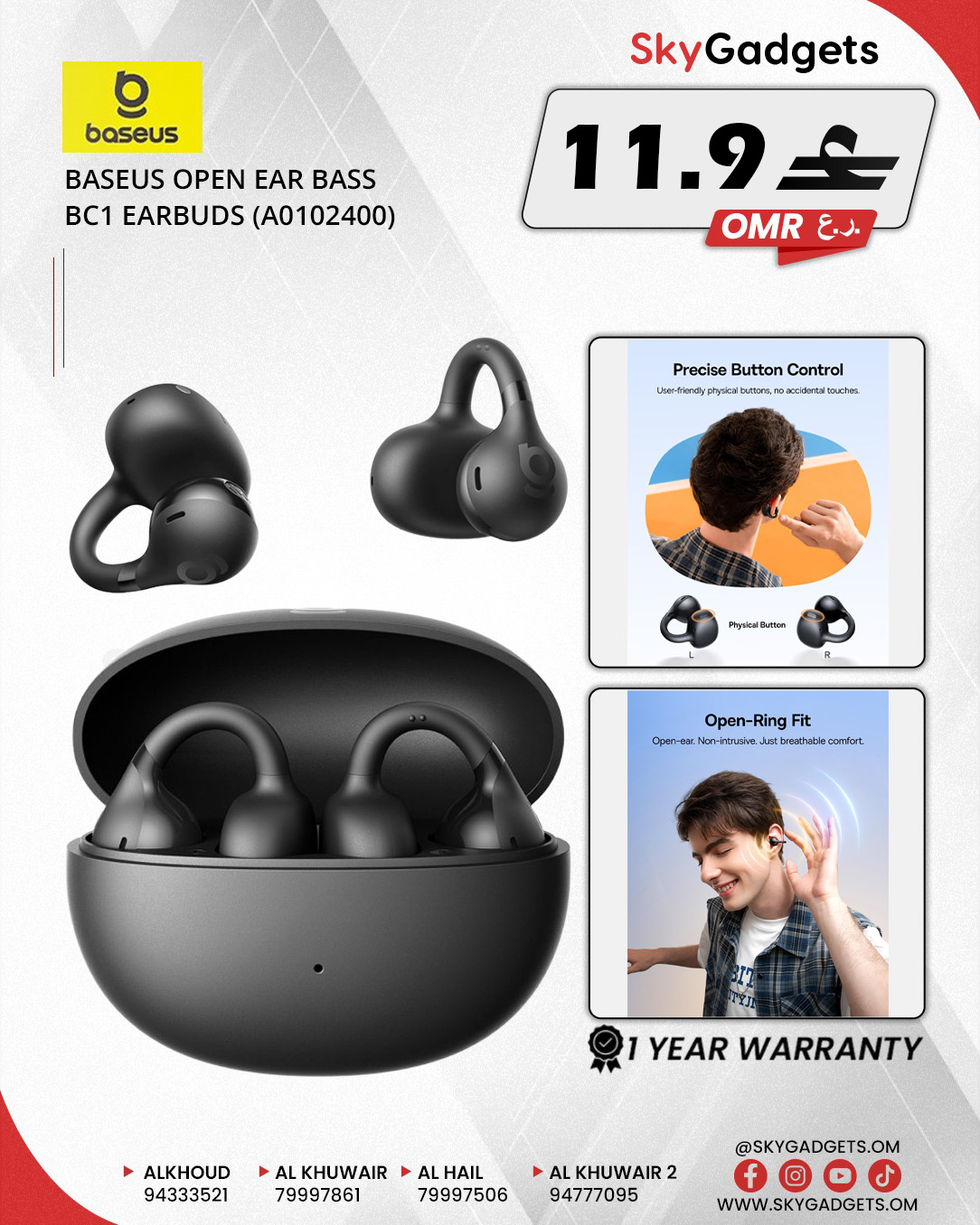 Baseus BC1 Open Ear Bass Earbuds in Oman – Wireless Comfort & Deep Sound
