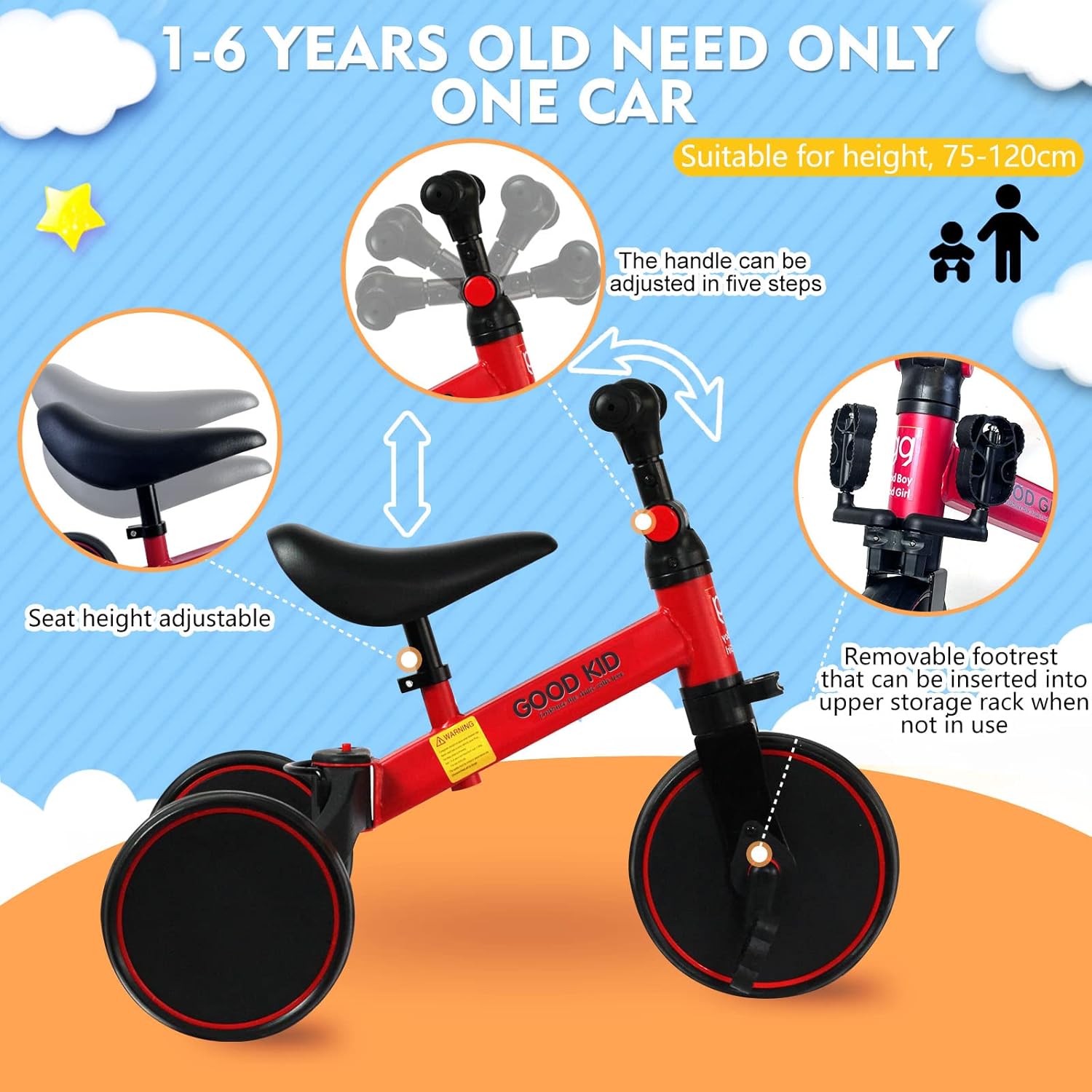 Good Kids Tricycle for Toddlers – Adjustable Steel‑Frame Trike with Parent Push Handle & Storage (Price In Oman)