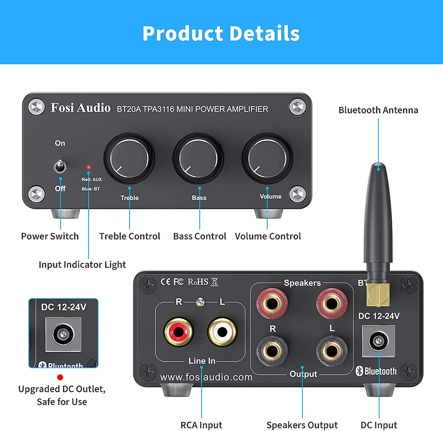 Fosi Audio BT20A Bluetooth 5.0 Hi-Fi Stereo Amplifier – 2-Channel Class D Mini Power Amp (100W x2) with Bass & Treble Control - Price In Oman