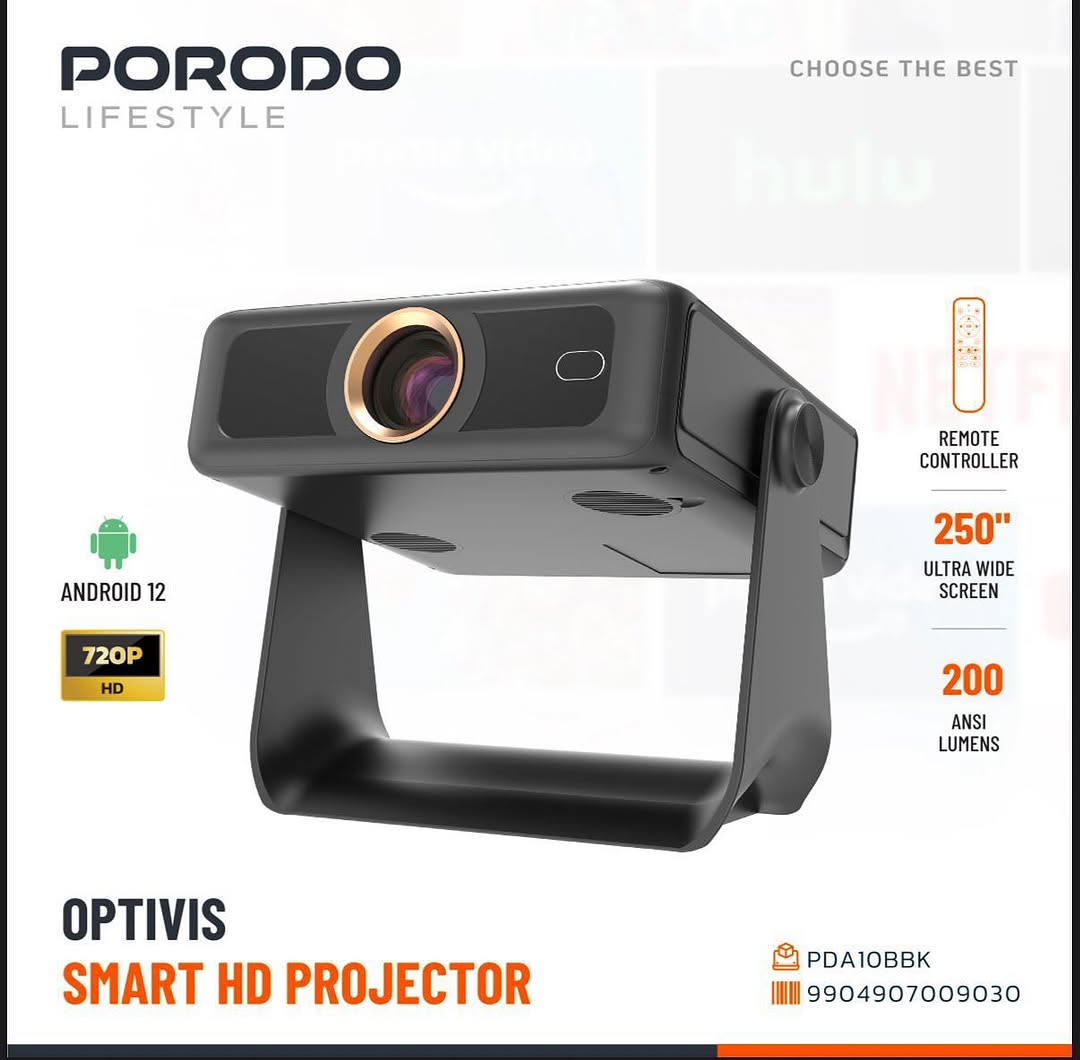 Porodo Optivis Smart HD Projector PDA10BBK – 720p LED Home Cinema Projector with Auto-Focus, Keystone & 30-250″ Screen - Price in Oman