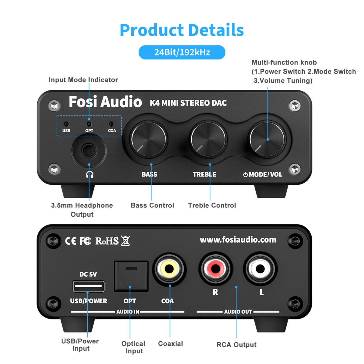 Fosi Audio HAE3 USB DAC & Headphone Amplifier – 24-Bit/192kHz Mini Stereo Amp for Gaming and Hi-Fi Audio - Image 2