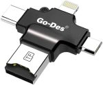Godes GD DK101 4-in-1 OTG Mobile Card Reader – USB-C, Lightning, Micro USB & USB 2.0 – Supports SD/TF Cards