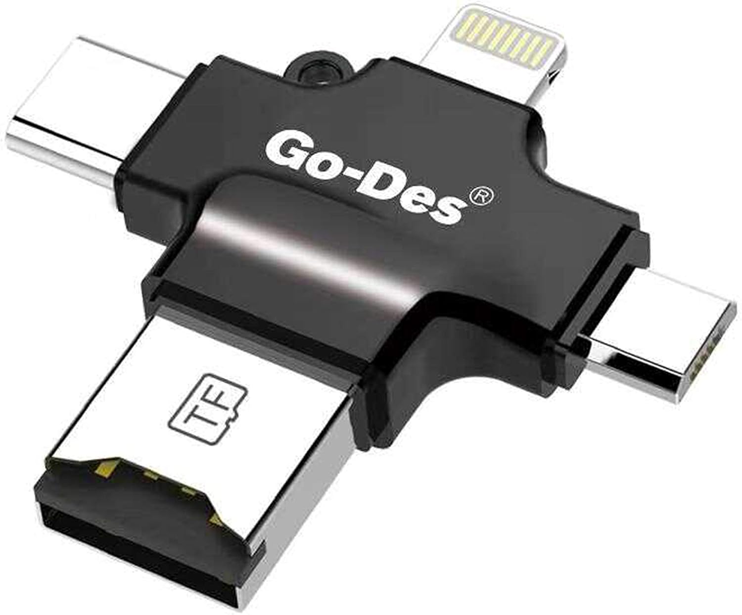 goddess-gd-dk101-4-in-1-otg-mobile-card-reader-usb-c-lightni.jpg Godes GD DK101 4-in-1 OTG Mobile Card Reader – USB-C, Lightning, Micro USB & USB 2.0 – Supports SD/TF Cards - Image 1