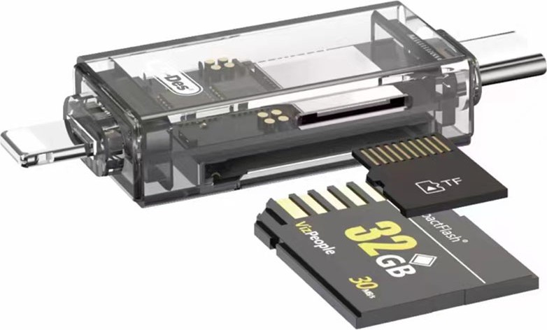 godes-gd-dk007-4-in-1-otg-card-reader-usb-c-lightning-micro-.jpg Godes GD-DK007 4-in-1 OTG Card Reader – USB-C, Lightning, Micro USB & USB 2.0 – Supports SD/TF Cards - Image 1