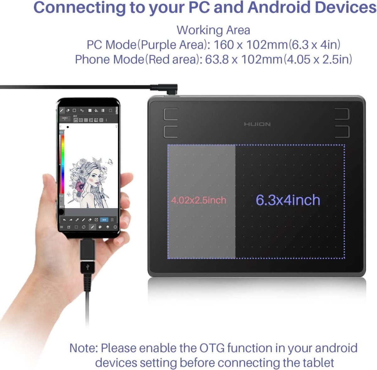 HUION HS64 Creative Pen Tablet – 6.3x4" Drawing Area, 8192 Pressure Levels, Battery-Free Stylus, Android/Windows/macOS Compatible, - Image 2
