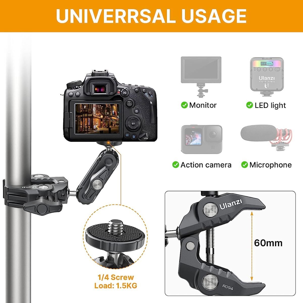 Jmary SR‑56 – Super Clamp 360° Solid Aluminum (13–60 mm, 1.5 kg Load, DSLR/Gopro Mount) - Image 2
