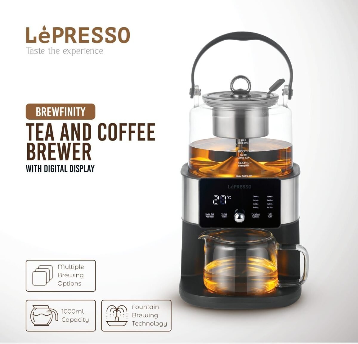 LePresso Brewfinity Tea & Coffee Brewer LPCFFTCB0040BK – Digital Display Multi-Function 1000 W Home Brewer - Image 3