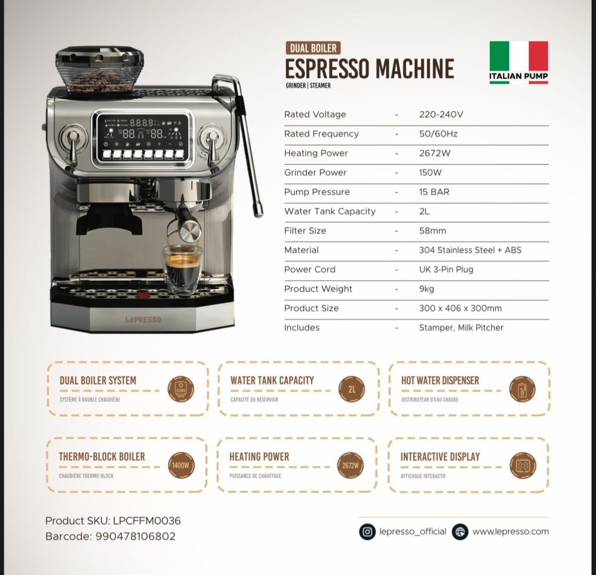 Lepresso Dual Boiler Espresso Machine LPCFFM0036 – Professional Barista Coffee Maker, Price in Oman - Image 5