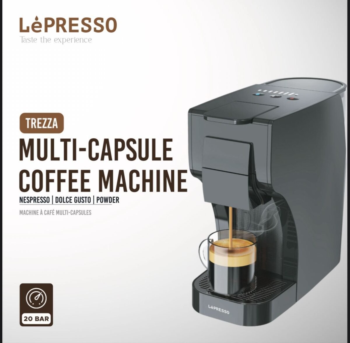 Lepresso Trezza Multi-Capsule Coffee Machine LPCM6618BK – 20-Bar, 1 L Water Tank, 1350 W, Nespresso/Dolce Gusto/Ground Compatible – - Image 4